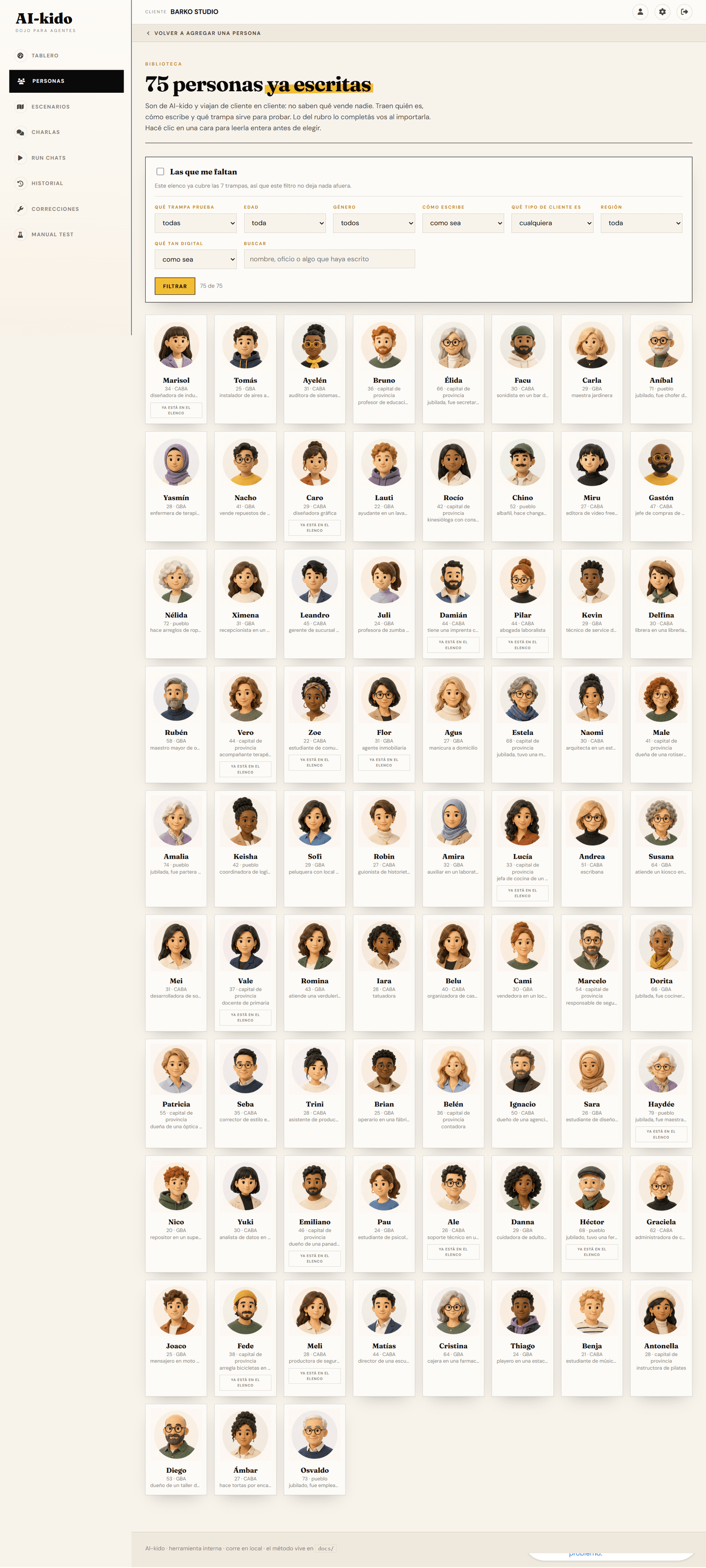 The archetype library screen: a grid of portraits with filters by register and by trap.